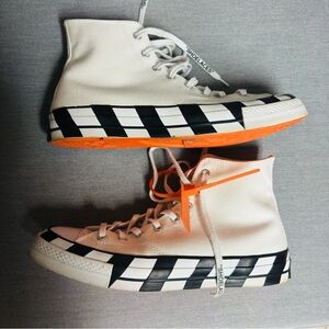 Converse Off-White High-Tops with Black Stripes and Orange Soles
